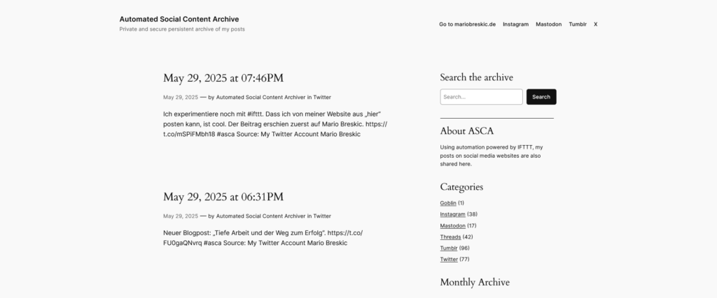 Screenshot der Landing Page meines Social‑Media‑Archivs