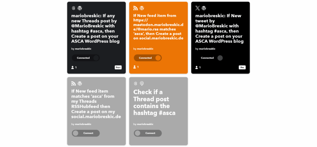 Screenshot meiner IFTTT Applets, in denen das Stichwort #asca vorkommt