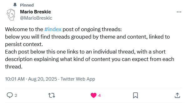 Screenshot des gepinnten Posts, der als Index für weitere Threads dient.