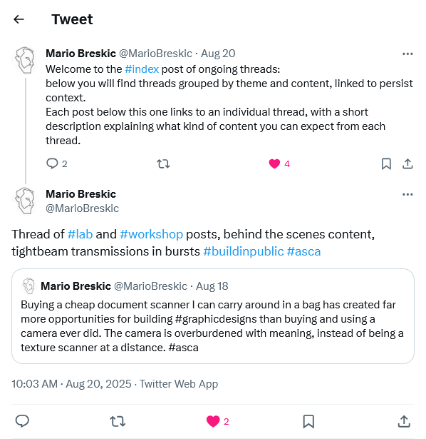 Screenshot einer Antwort auf den gepinnten Post, die zu einem Thread verlinkt, mitsamt kurzer Erklärung, worum es in dem Thread geht: hier im Beispiel geht um behind the scenes aus den beiden Arbeitsräumen Labor und Werkstatt